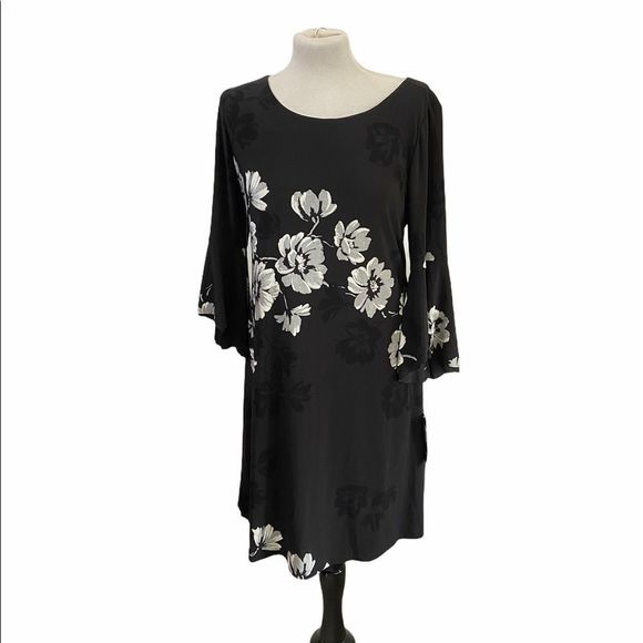 Lauren Ralph Lauren Black Floral Bell Sleeve Flowy Scoop‎ Neck A Line Dress - Picture 1 of 8